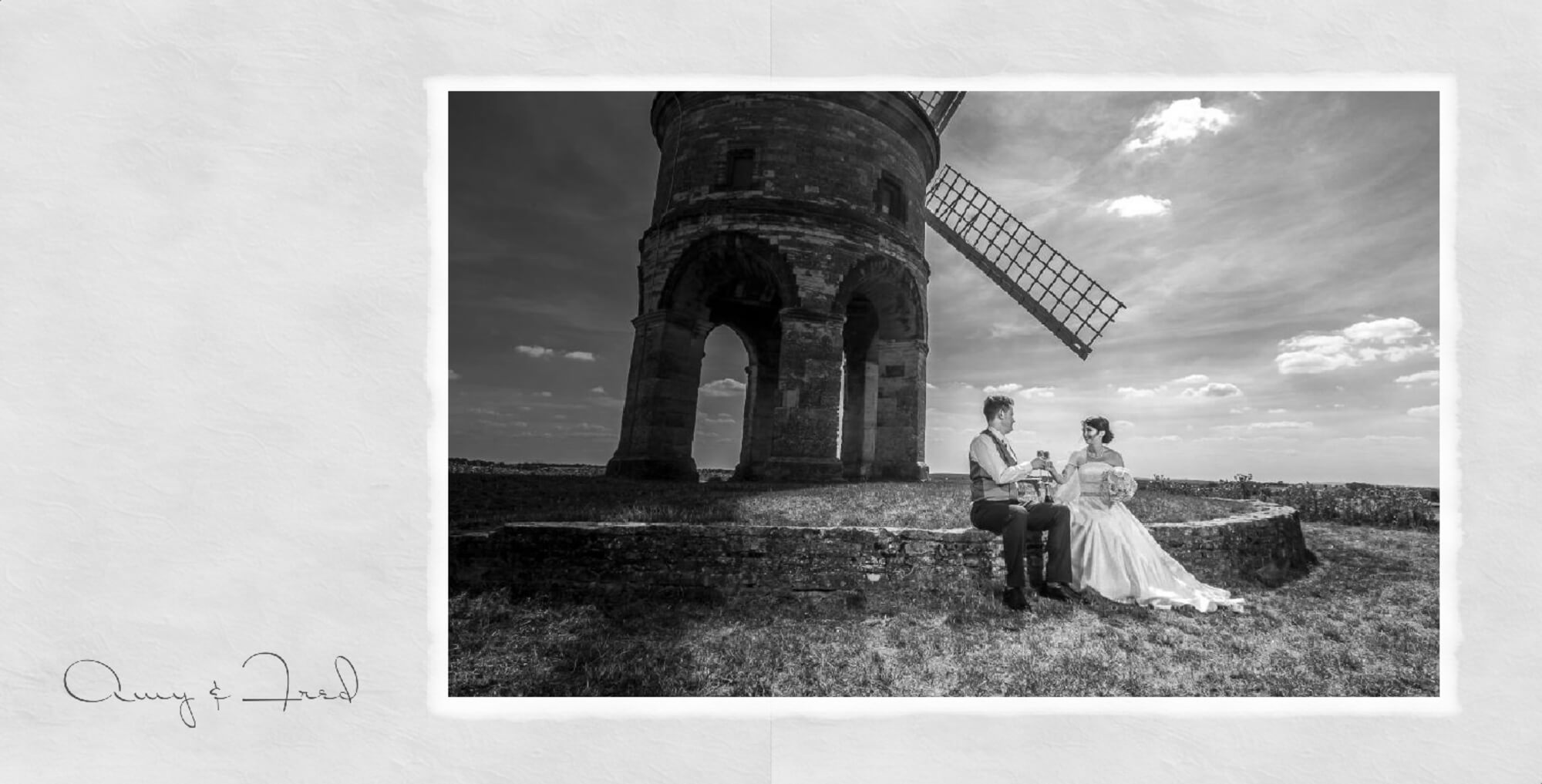 Warwickshire Wedding Photographer: Wedding album page design showing couple sat by Chesterton Windmill