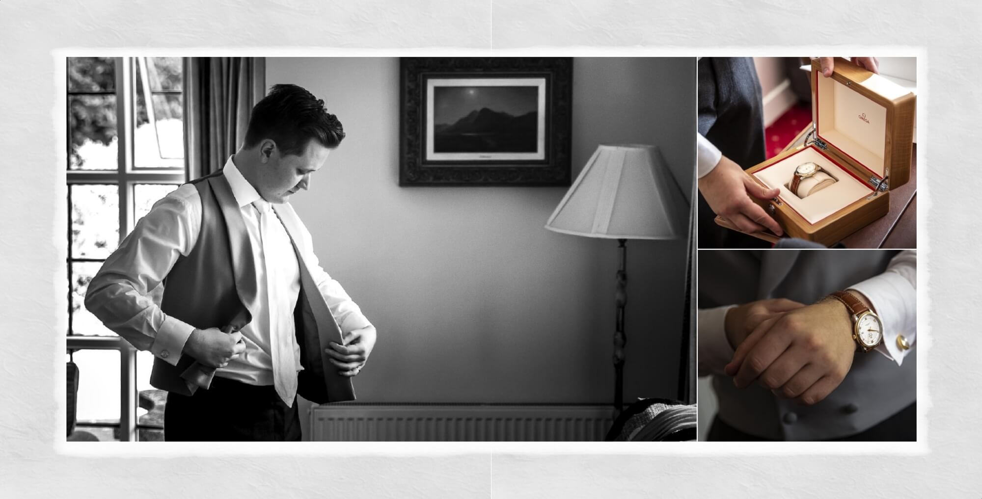 Warwickshire Wedding Photography at Warwick House: Wedding album page design showing groom getting ready and opening a gift from his bride