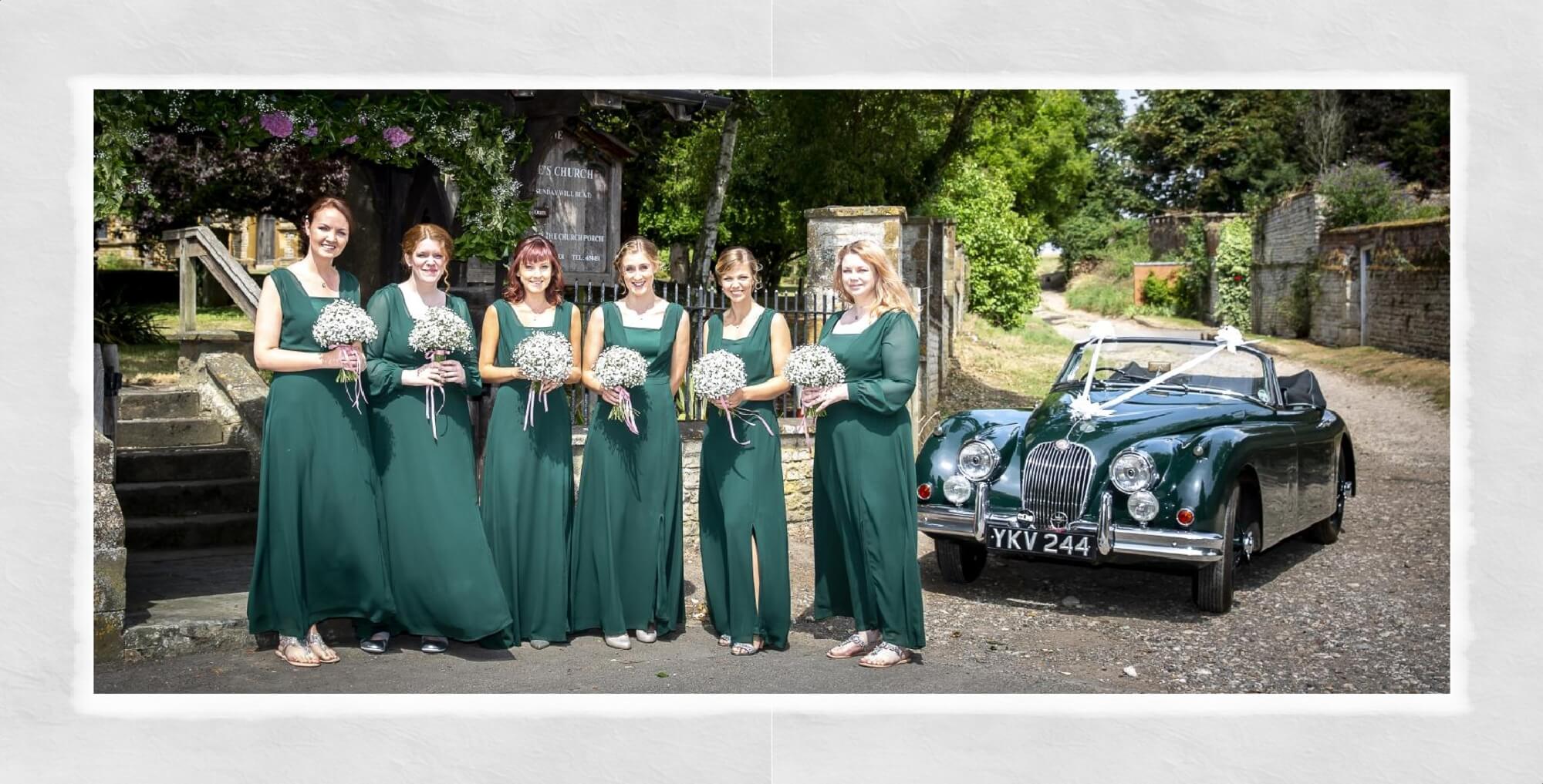 Wedding Photography Warwickshire: Wedding album page design show bridesmaids and vintage Jaguar wedding car