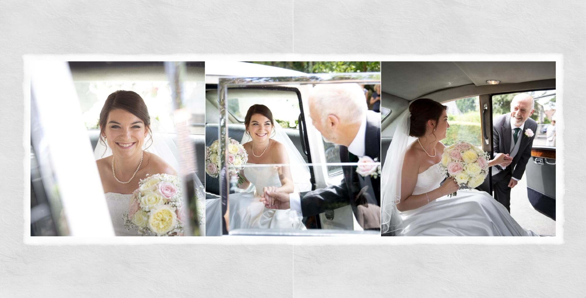 Wedding album page design showing arrival of the bride by John Fox Wedding Photography