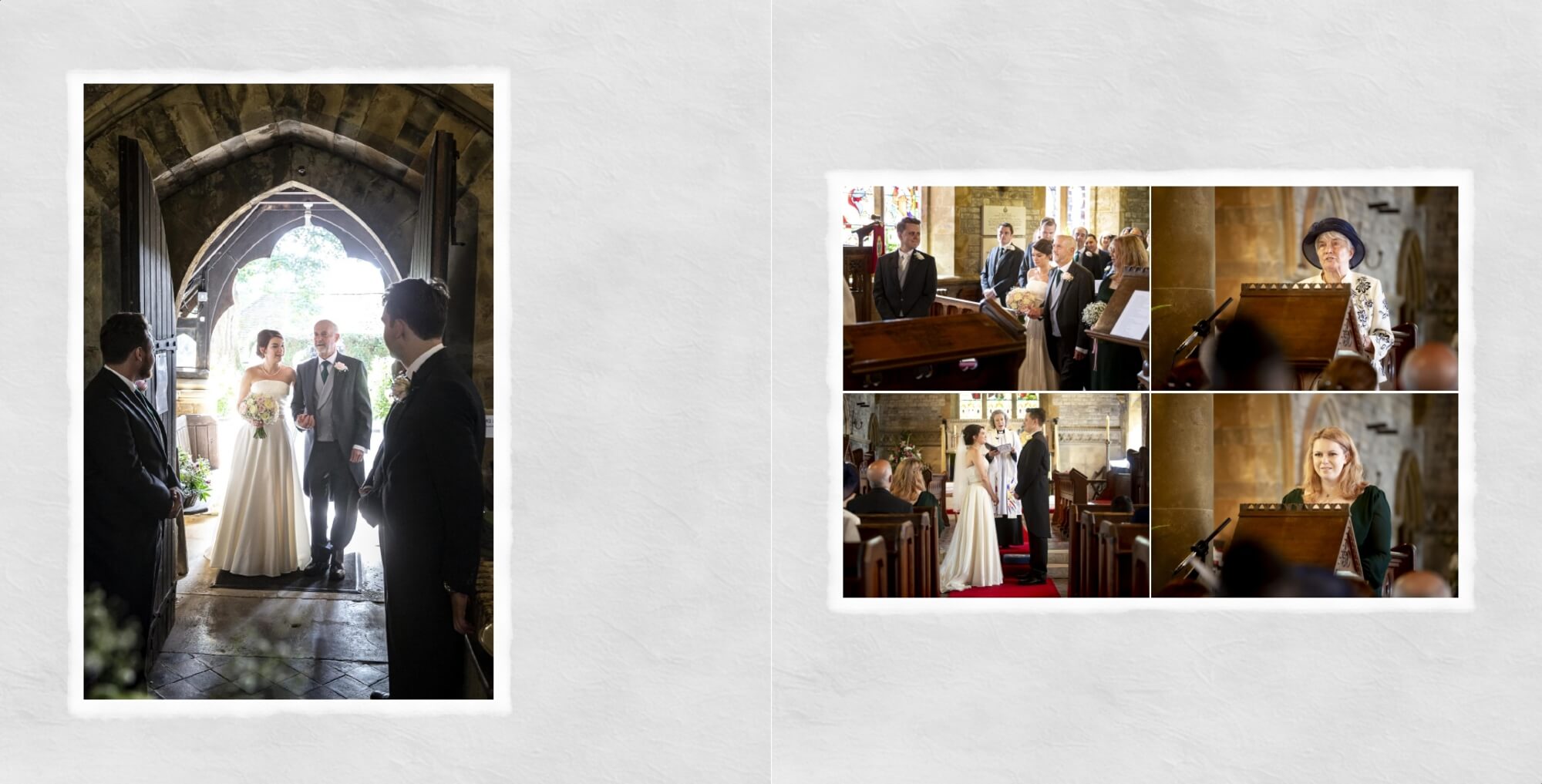 Warwickshire Wedding Photographer Warwick House: Wedding album page design showing wedding ceremony at Church