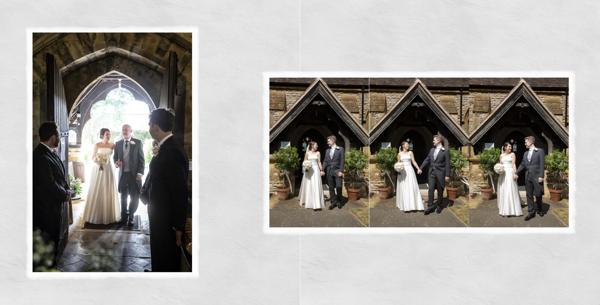 Warwickshire Wedding Photographer Warwick House: Wedding album page design showing bride and groom at the Church