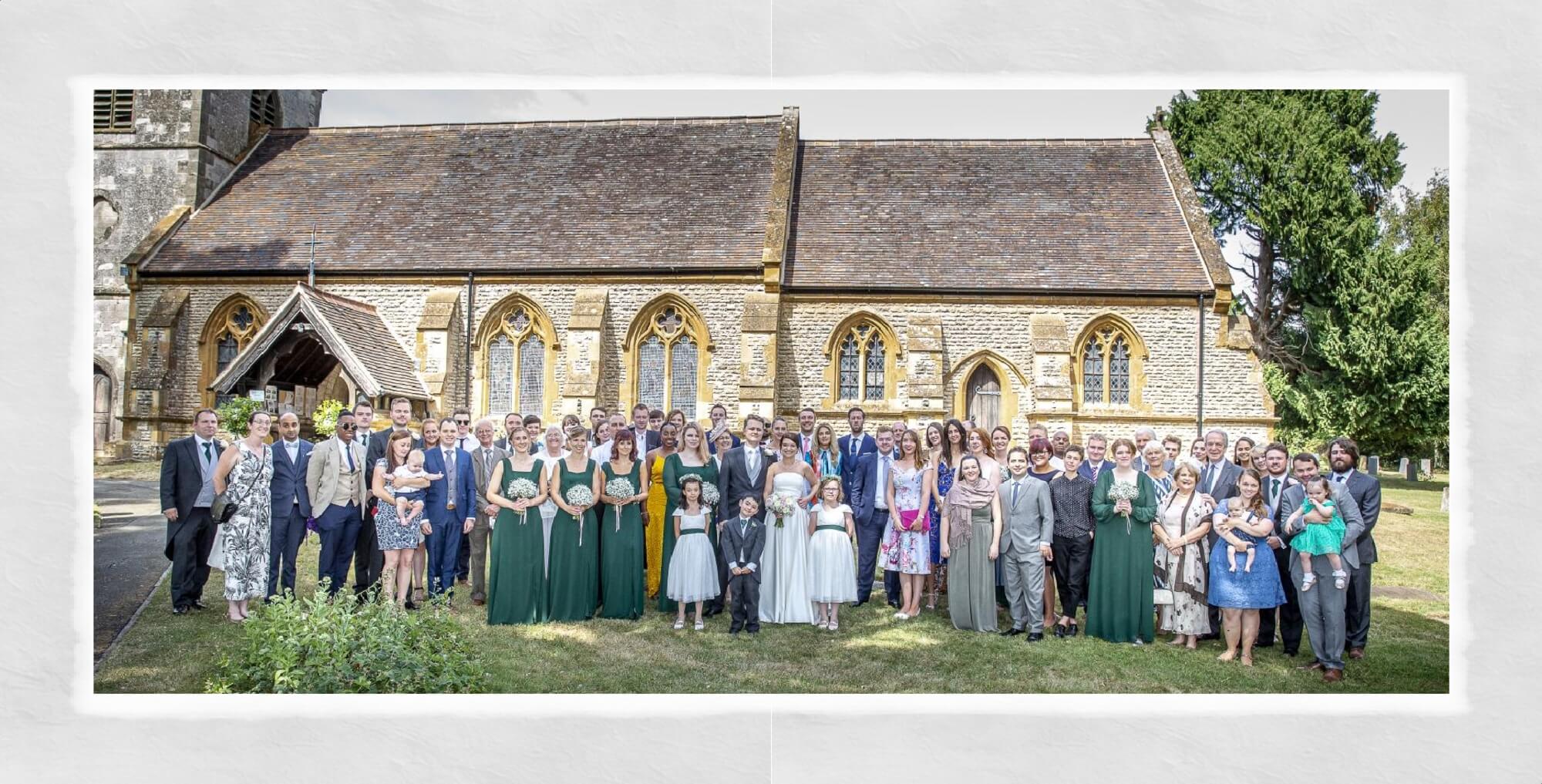 Warwickshire Wedding Photographer at Warwick House: bride and groom with all guests at the Church by John Fox