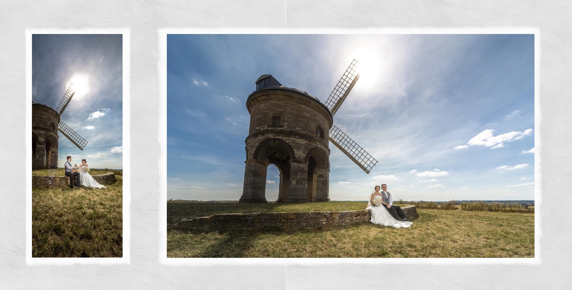 Warwickshire Wedding Photographer Warwick House: Wedding album page design showing bride and groom at Chesterton windmill
