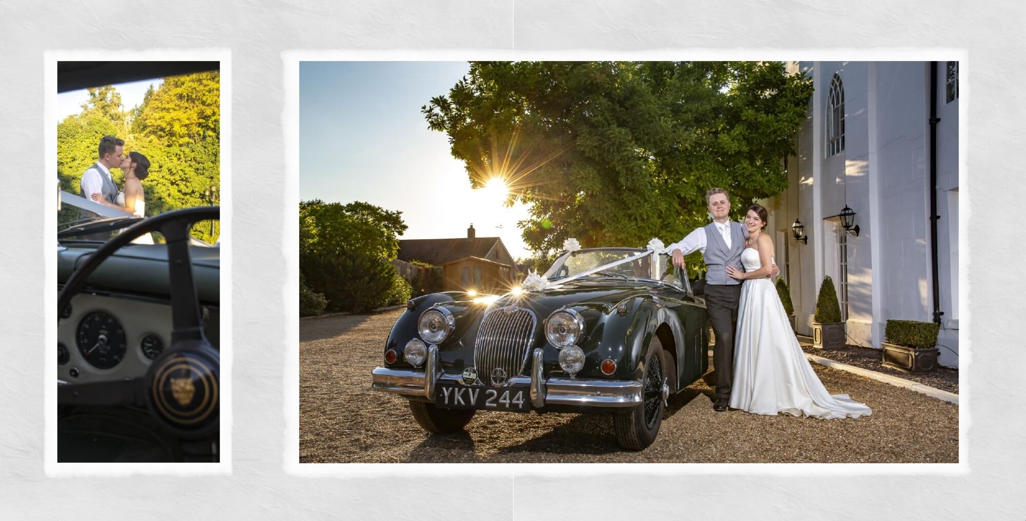 Wedding album page design showing bride and groom outside Warwick House with vintage Jaguar