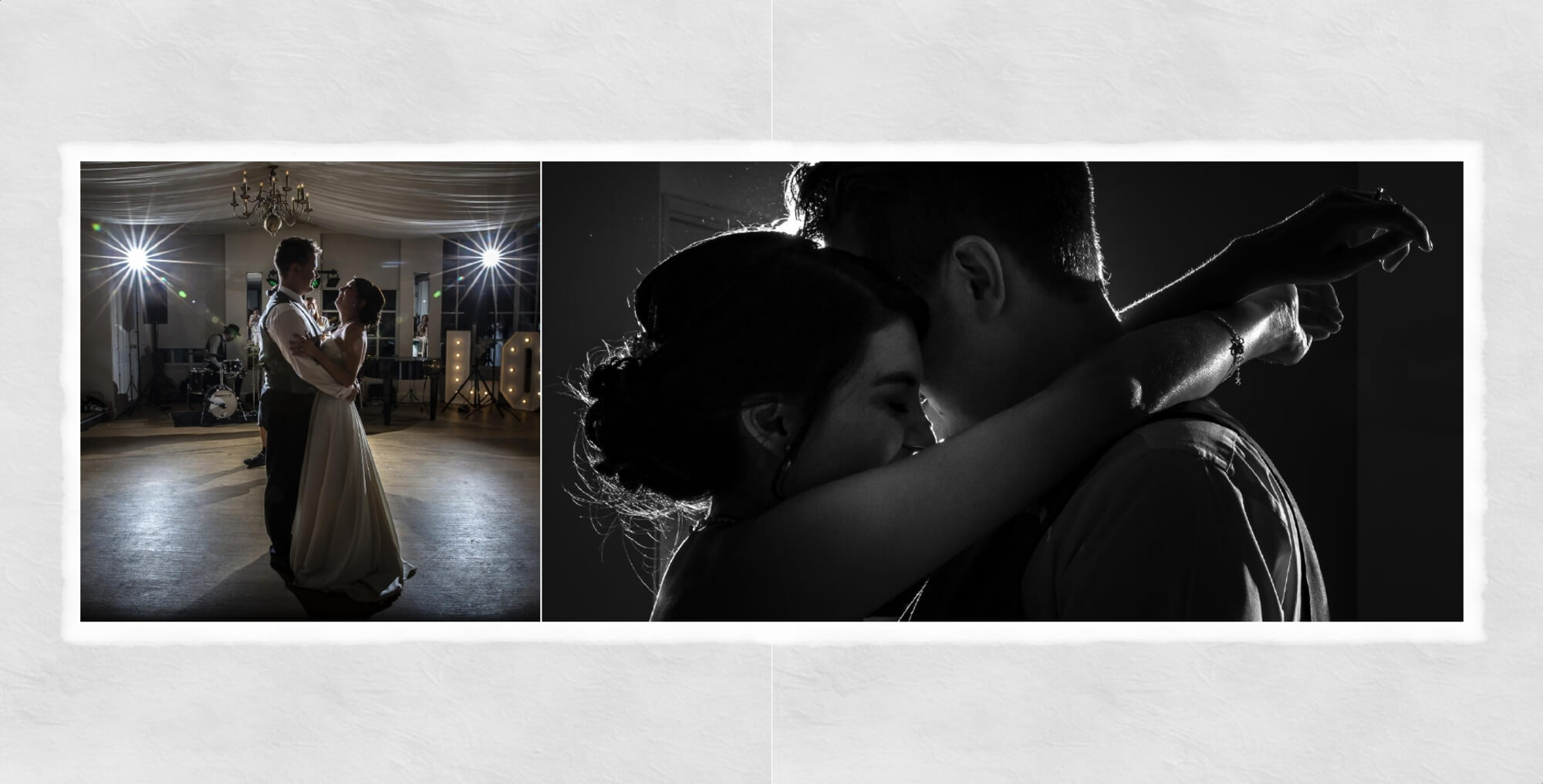 Wedding album page design showing bride and grooms first dance at Warwick House