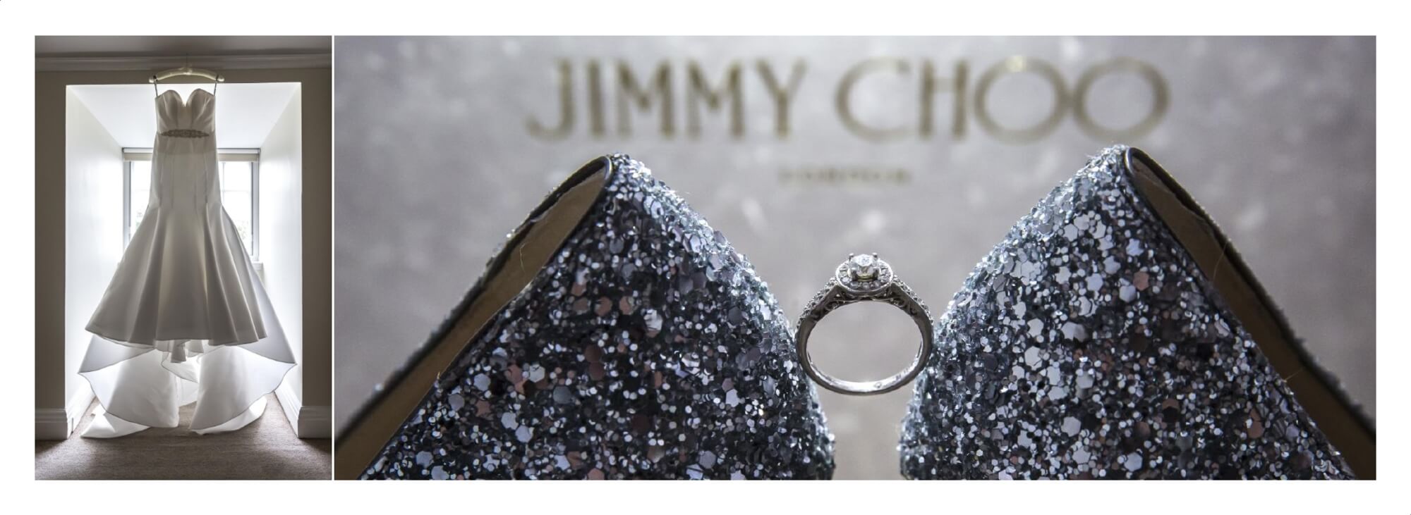 Wedding Photographer in Warwickshire - Dunchurch Park. Wedding album page design showing dress engagement ring and Jimmy Choo's