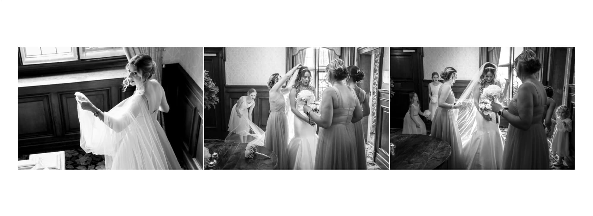 Wedding Photography Warwickshire: Wedding album page design showing bridal preparations at Dunchurch Park