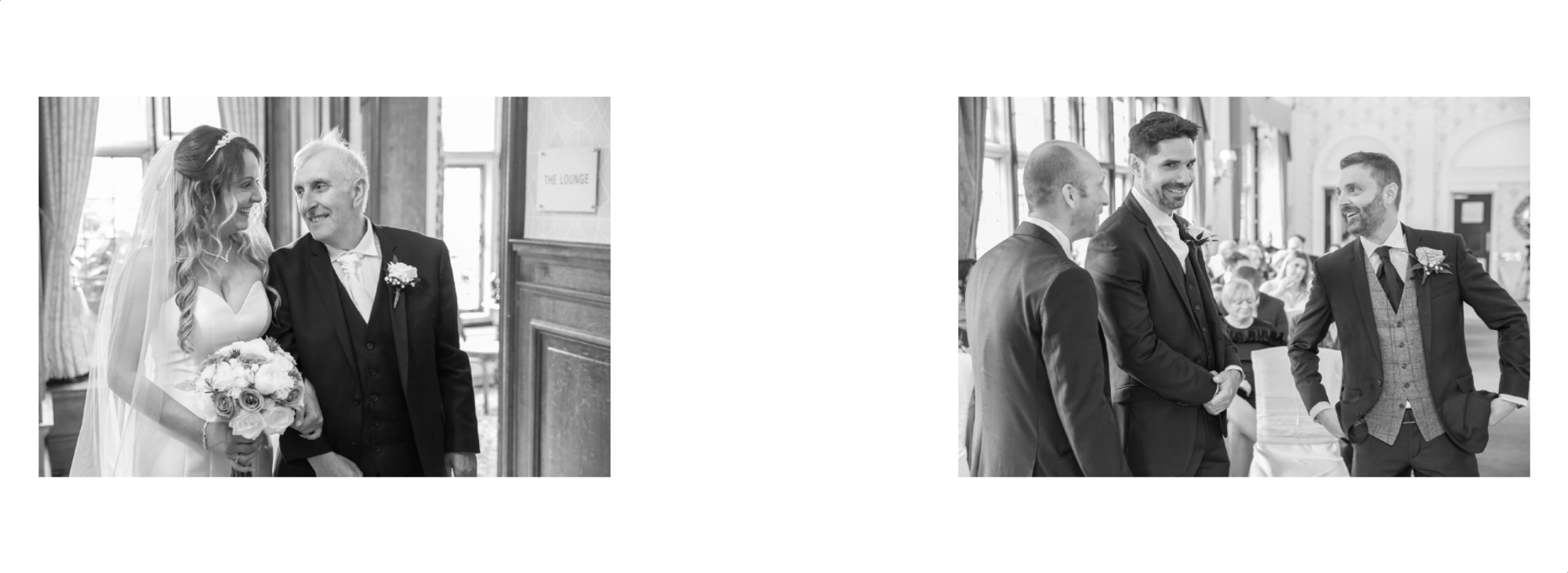Wedding album page design showing bride waiting to enter the ceremony and groom waiting with groomsmen at Dunchurch Park