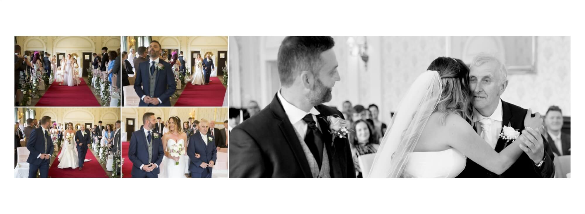Wedding Photographer Warwickshire: Wedding album page design showing entrance of the bride with her father
