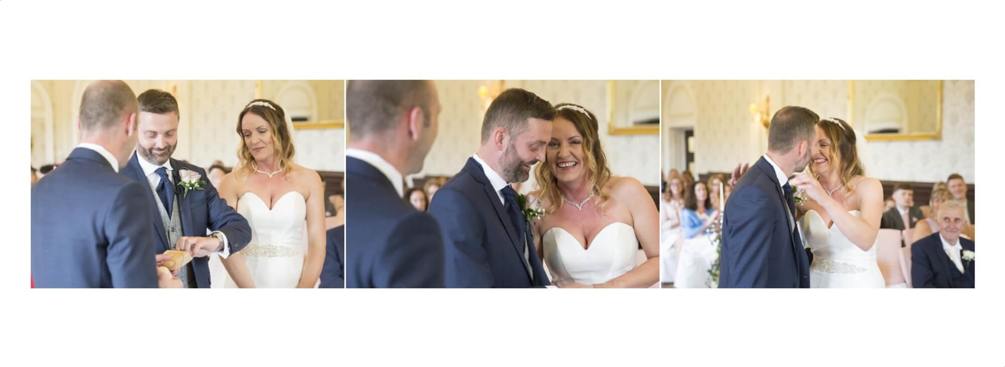 Wedding album page layout showing wedding ceremony images: the happy couple kissing
