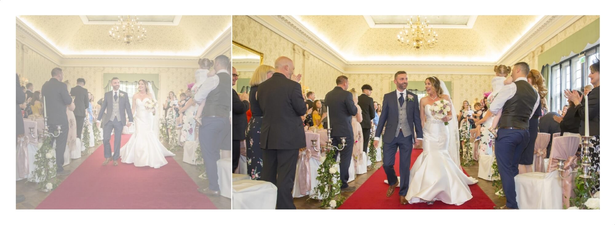 Wedding Photography Warwickshire: Wedding album page showing bride and groom walking down the aisle