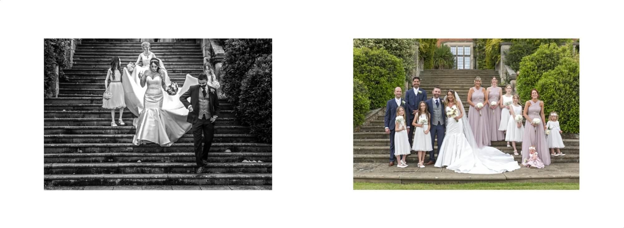 Warwickshire Wedding Photographer: Wedding album page showing natural image and bridal party group