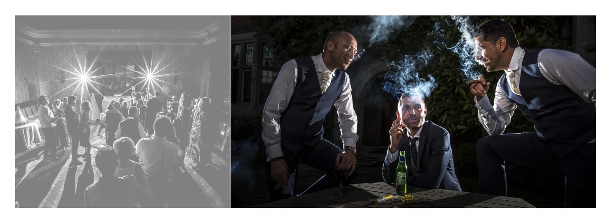 Wedding Photographer Warwickshire at Dunchurch Park: Wedding album page showing night time images - the cigar shot and dancing