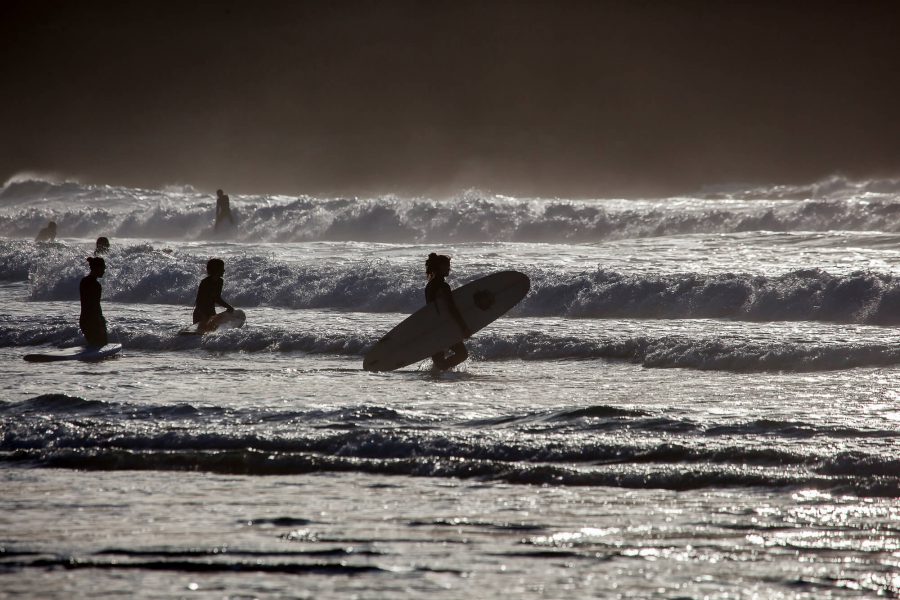 Surfers on a beach observing the waves. About John Fox Photography.