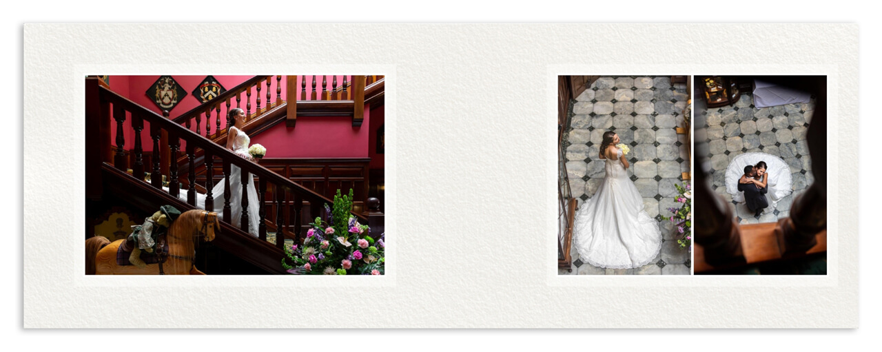 wedding album page 16 bride staircase wedding dress stapleford park john fox wedding photography