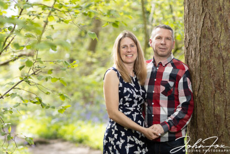 Bride and Groom on their pre-wedding shoot in woodland in Northamptonshire