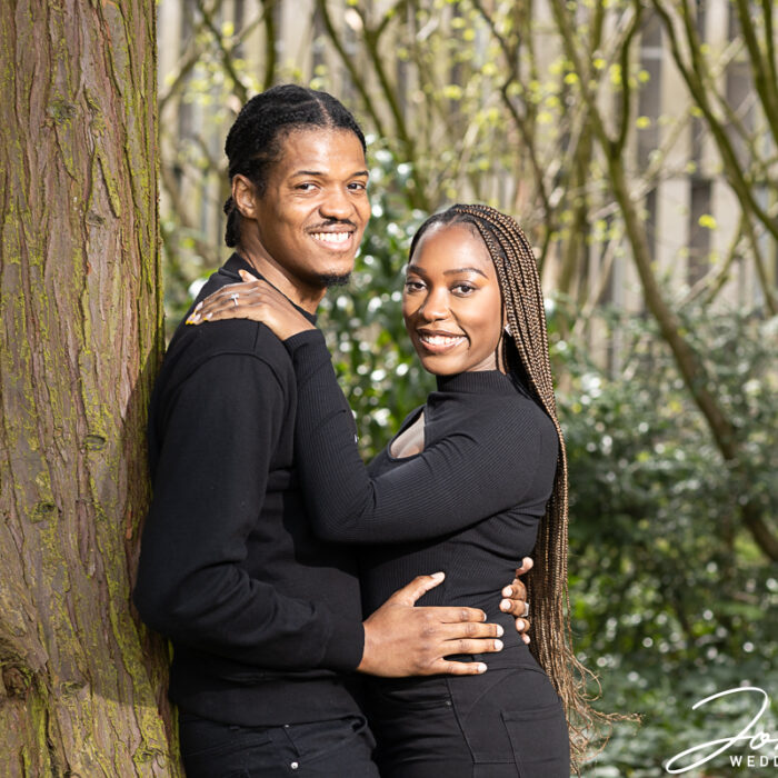 The happy couple relaxing in a wooded area at Edgbaston Park Hotel