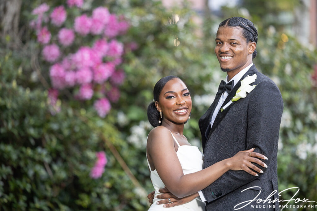Oslyn and Yemi in the gardens at Edgbaston Park Hotel
