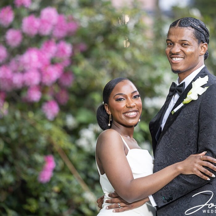 Oslyn and Yemi in the gardens at Edgbaston Park Hotel
