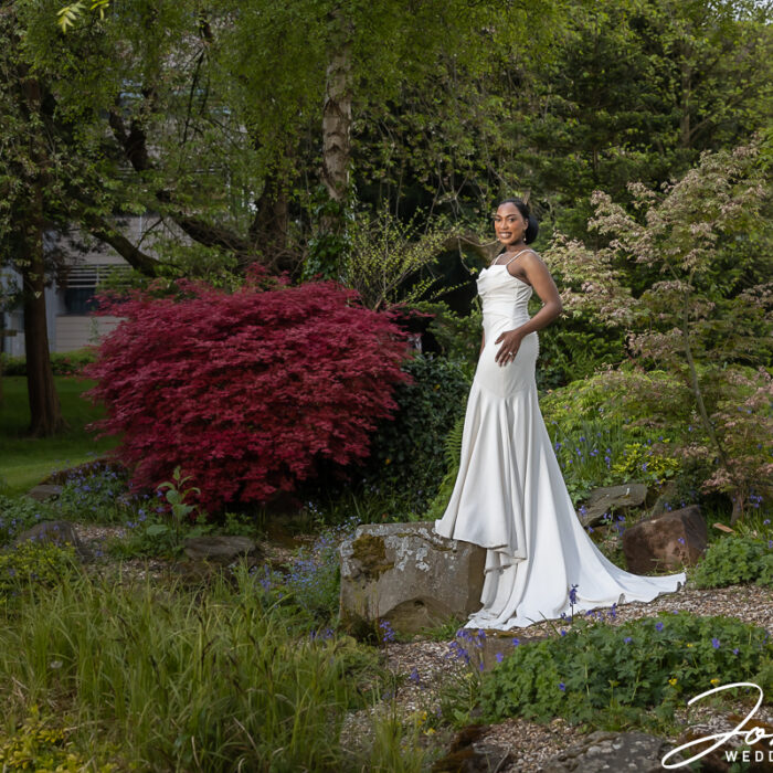 Bride photo shoot set in the gardens of Edgbaston Park Hotel
