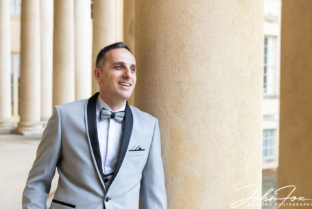 The groom at Stowe House in Buckinghamshire. Photo by John Fox Wedding Photography.