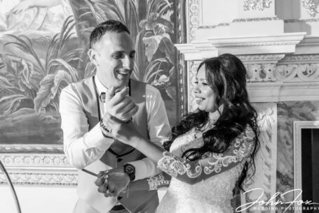 Black and white shot of the happy couple at Stowe House.
