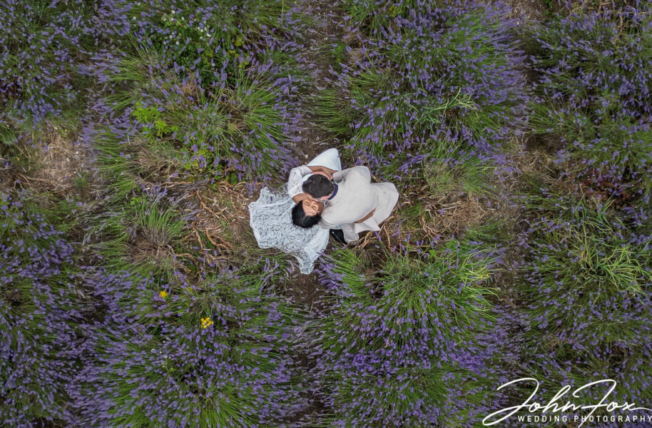 Aerial image from John Fox's drone. The happy couple embracing in the lavender fields.