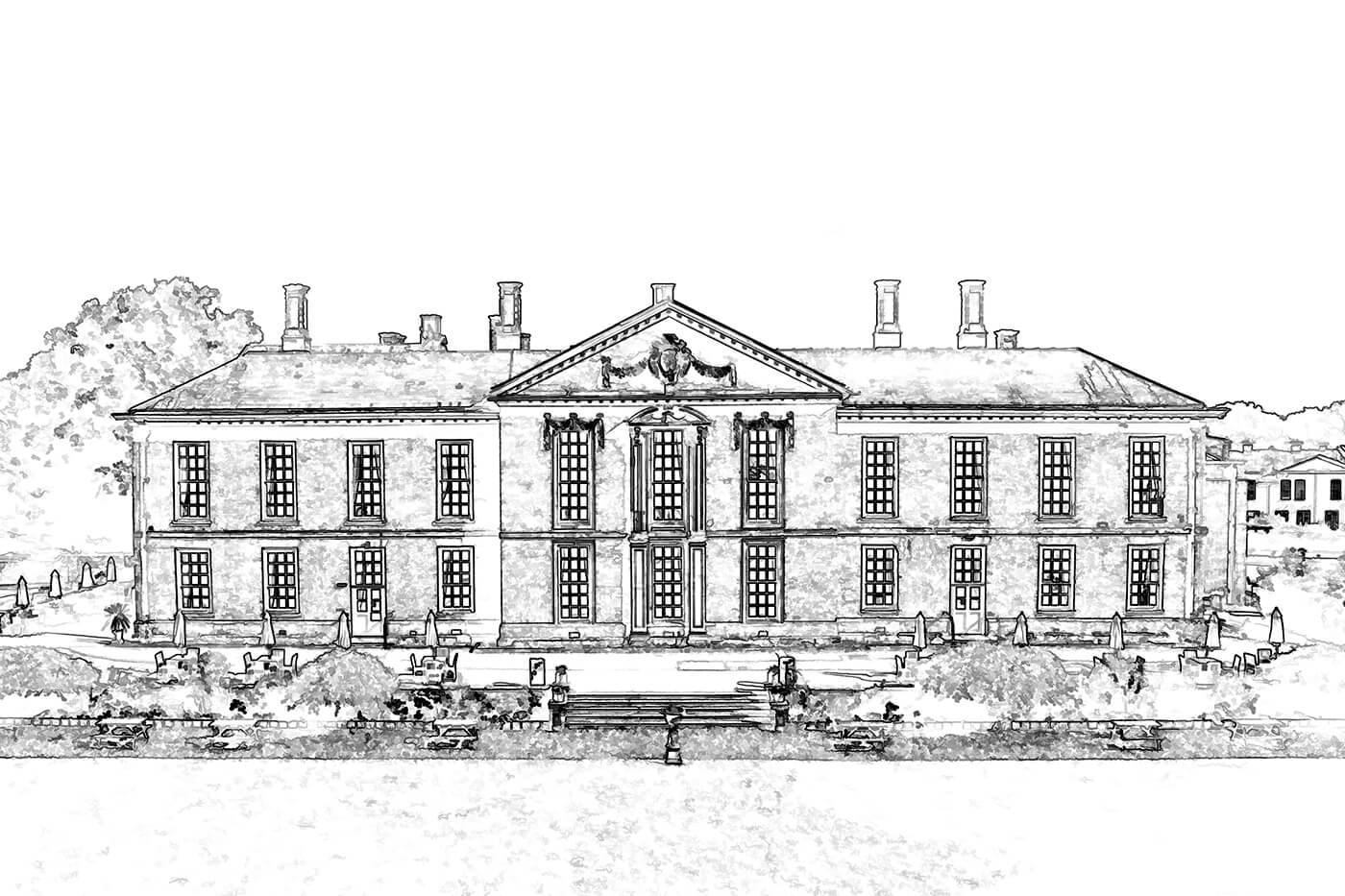 Drawing of the elegant Bosworth Hall in Leicestershire. John Fox is a recommended Wedding Photographer at Bosworth Hall.