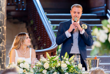 James, the groom, during his speech at his and Lorna's wedding celebrations at Chicheley Hall.