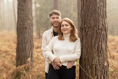 Misty morning prewedding shoot in Northamptonshire woodland