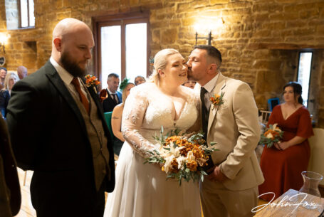 Wedding ceremony at Crockwell Farm - brides father kissing his daughter
