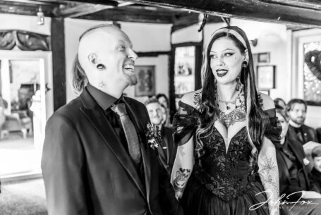Bride and Groom in black and white image - photo by John Fox Wedding Photography