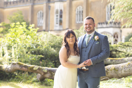 Bride and groom in the grounds of Missenden Abbey on their special day