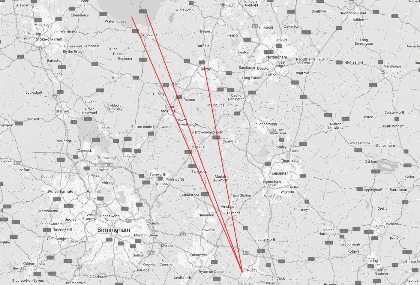 Image of a map showing the two trips in 2024 to Derbyshire for John Fox Wedding Photography.