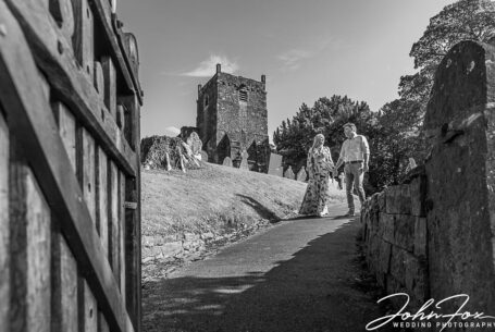 Pre-wedding shoot image in black and white at Tissington Church.