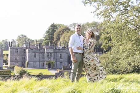 Pre-wedding shoot image at Tissington hall. The couple in the grounds.