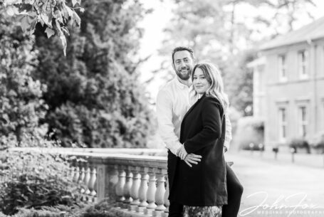 Black and white pre-wedding photograph of bride and groom to be at Kilworth House Hotel in Leicestershire