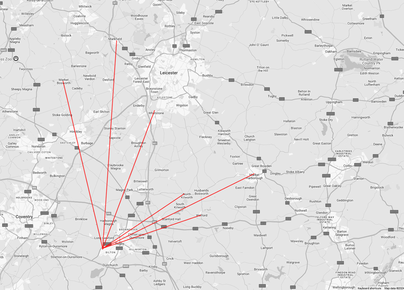 Wedding Photographer Leicestershire. Map showing venue locations photographed in 2024