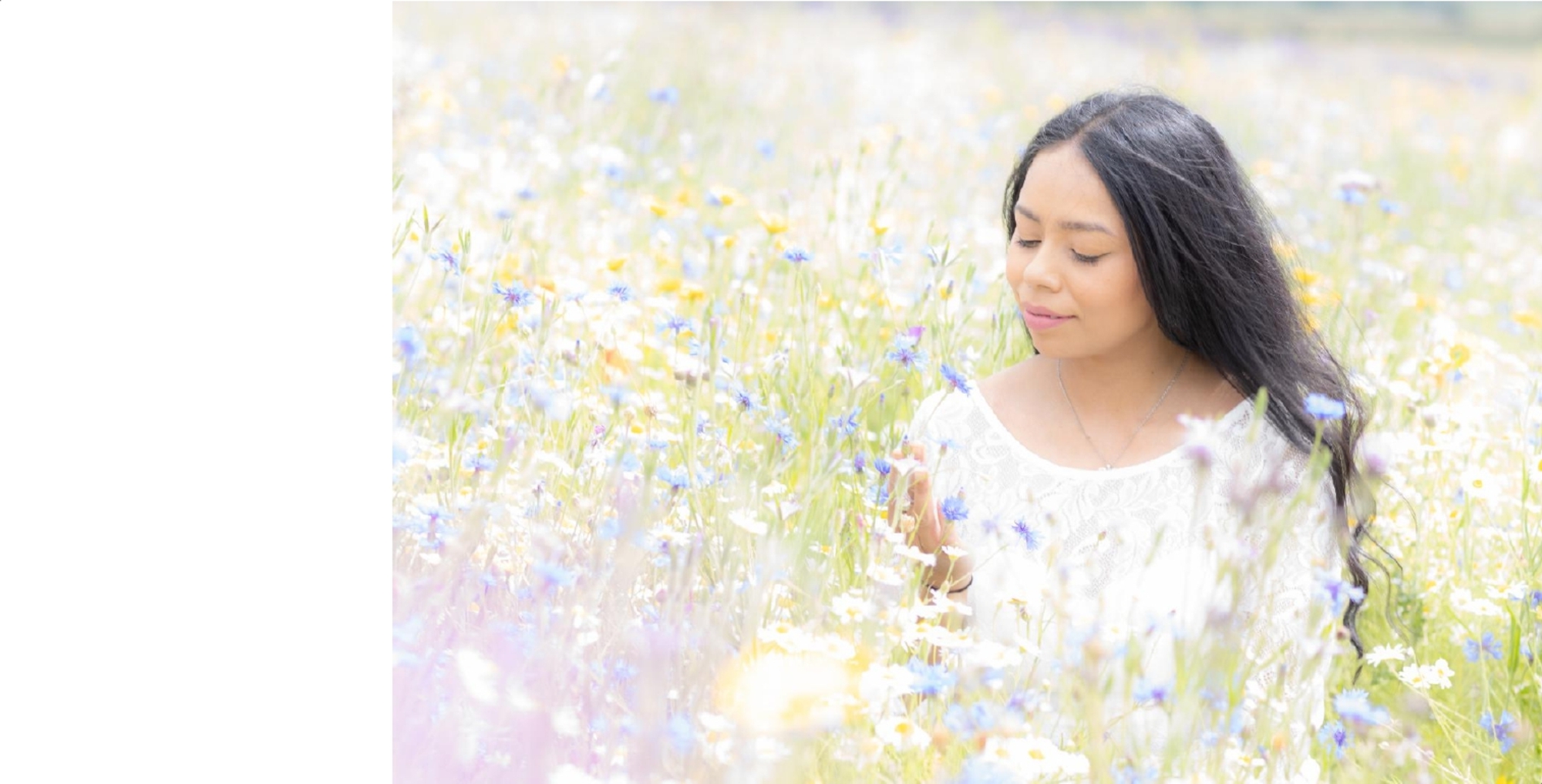 Pre-wedding shoot in wild flowers field in Hertfordshire. Image shown designed into the page ready for the guest book