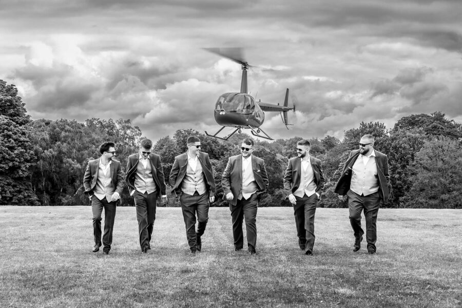 Groom arriving by helicopter at Ashridge House