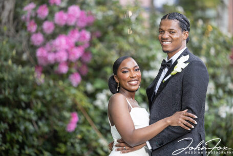 Bride and groom in the gardens at Edgbaston Park Hotel on their wedding day