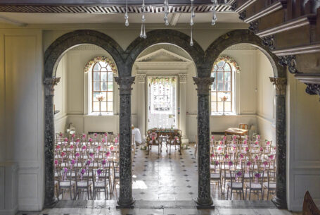 Chicheley Hall set ready for the wedding ceremony. Photo by John Fox Wedding Photography