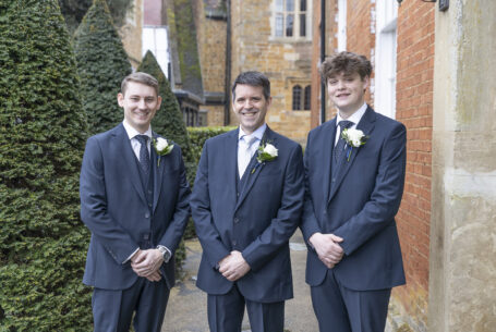 Valentine’s Weekend Wedding Photography. Groom and groomsmen are ready at Fawsley Hall