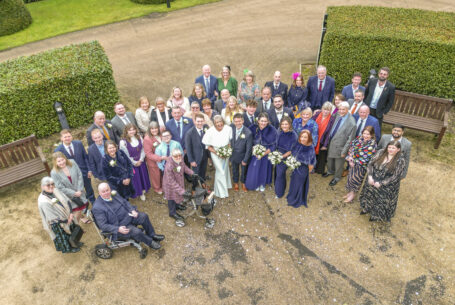 Valentine’s Weekend Wedding Photography at Fawsley Hall. Drone image of all the guests