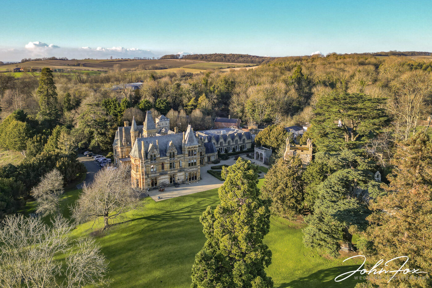 Warwickshire Wedding Photographer. Aerial view of Ettington Park Hotel.