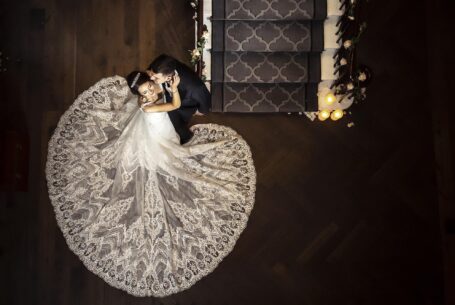Posed style wedding image taken from above - amazing wedding dress