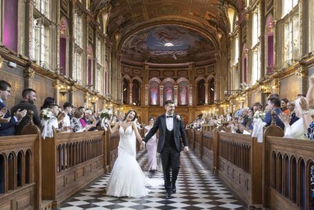 The newly-wed couple leaving the church