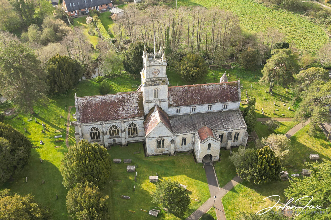 Wedding photography Wiltshire by John Fox Wedding Photography. Aerial view of St John the Baptist Church in Tisbury.