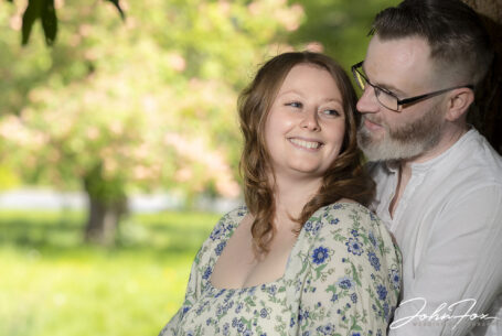 Ansty Hall Pre-wedding image of the happy couple in the grounds leaning against a tree